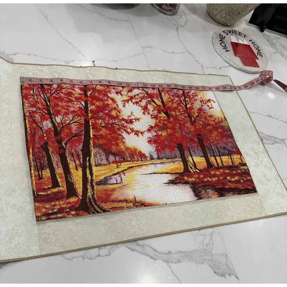 Autumn Red Trees River Landscape Embroidered Tapestry‎ Fabric Wall Art Panel
